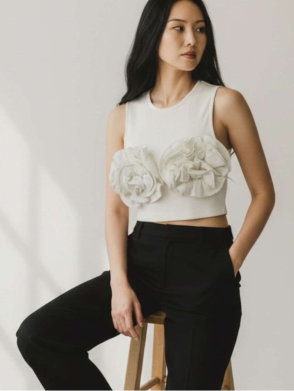 Zara Ivory Floral Appliqué Cropped Tank - Picture 2 of 8